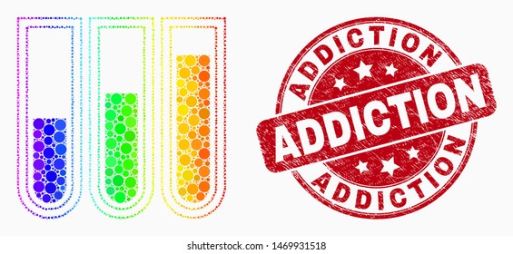 Pixel bright spectral test-tubes mosaic icon and Addiction seal stamp. Red vector rounded distress seal with Addiction phrase. Vector composition in flat style.