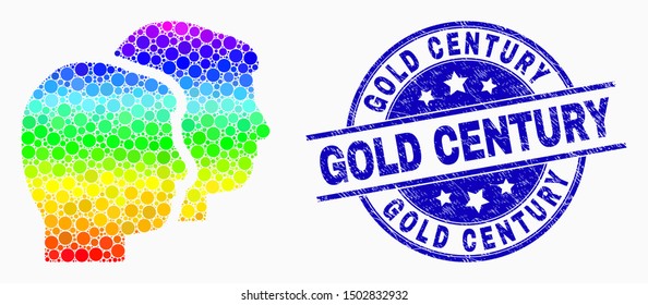 Pixel bright spectral user profiles mosaic icon and Gold Century stamp. Blue vector round grunge stamp with Gold Century phrase. Vector collage in flat style.