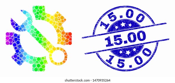 Pixel bright spectral wrench tools mosaic icon and 15.00 seal stamp. Blue vector rounded textured seal stamp with 15.00 message. Vector combination in flat style.