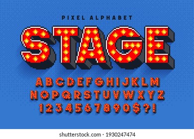 Pixel Broadway show alphabet design, stylized like in 8-bit games. High contrast, retro-futuristic. Easy swatch color control.