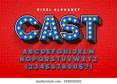 Pixel Broadway show alphabet design, stylized like in 8-bit games. High contrast, retro-futuristic. Easy swatch color control.