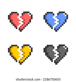 Pixel broken heart set icon in retro style. Vintage love symbol, 8 bit vector illustration for computer game. Web button