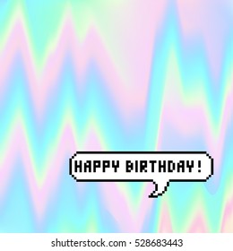 Pixel bubble with HAPPY BIRTHDAY phase, flat pixelated. Vaporwave,  Retrowave and Pastel goth style. Patch, sticker, greeting card design. Vector illustration on vanilla  glitch background.