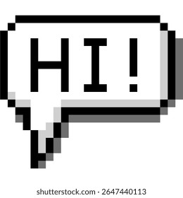 Pixel bubble speech and "hi" text vector, featuring a retro, 8-bit style. Ideal for gaming communication, digital greetings, vintage tech messages, or nostalgic interface elements.