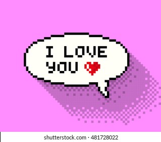 Pixel bubble with"I love you" phase, flat pixelated illustration. - Stock vector