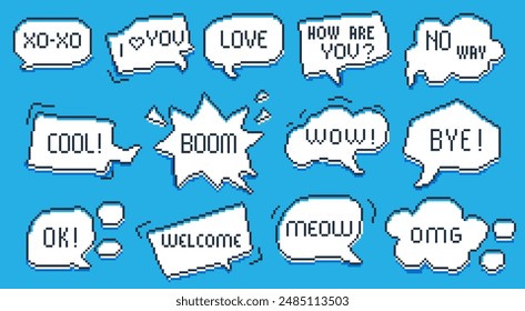 Pixel bubbles message. Retro comic chat bubble with dialogue word, geek gamer comic cloud frame message for comic game web design. Vector pixel bubble messages isolated set
