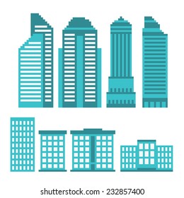 Pixel buildings icon set. Old school computer graphic style.
