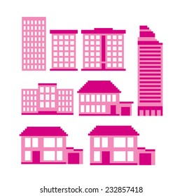 Pixel buildings icon set. Old school computer graphic style.