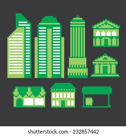 Pixel buildings icon set. Old school computer graphic style.