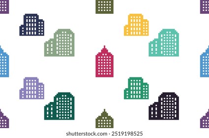 Pixel Buildings Pattern, 8 bit city vector background. Great for mobile app, web design, banner, etc.