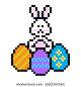 Pixel bunny Easter. Colorful eggs collection. Retro video style. Vector holiday theme.