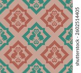 Pixel Bunny Folk Pattern, Seamless geometric pattern . pixel pattern. Design for clothing fabric textile ornamentation embroidery Hand stitched pattern . cultural stitching pixel art
