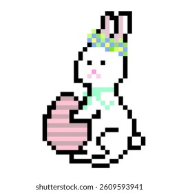 Pixel bunny icon. Easter rabbit character. Cute retro game art. Pastel holiday theme.