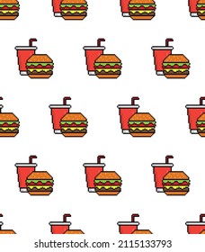 hamburguesa de píxeles y fondo de bebida Seamless. vector de fondo de comida rápida 