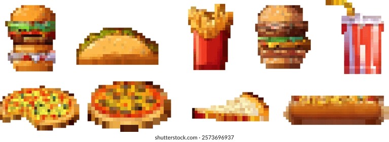 Pixel burger and fast food vector set with 8bit style. Includes hamburger, pizza, hot dog, and soda icons. Retro art for restaurant, snack, and fast food delivery designs.