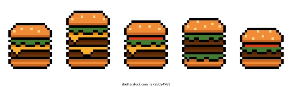 Conjunto de alimentos de hamburguesa de píxeles aislados sobre fondo blanco
