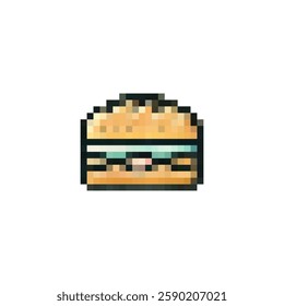 Pixel burger icon. Sandwich logo in pixel style 80s, 90s. Burger pixel for games, websites, animations. 8bit baking icon. Vector vintage retro sandwich icon.