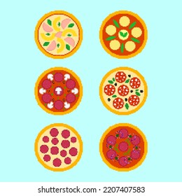 Pixel burger icon set. 8-bit pizza isolated. Pixel art fast food icon in flat design. Pizza of different types in retro style. Template for menu pizzeria, cafeteria, flyers. Vector illustration