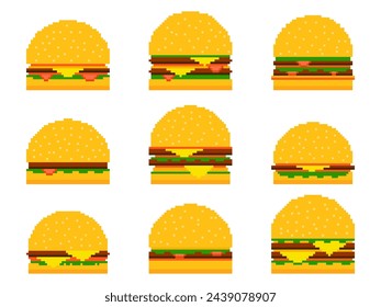 Pixel burger icon set isolated on white background. 8-bit cheeseburger with two cutlets and cheese. Collection of cheeseburger and hamburger icons in pixel art style. Vector illustration