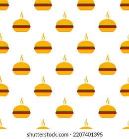 Pixel Burger Seamless Pattern. 8-bit Burger. Pixel Art Fast Food Icon In Flat Design. Burger Sign In Retro Style. Design For Fabric, Wallpaper, Wrapping Paper, Packing. Vector Illustration