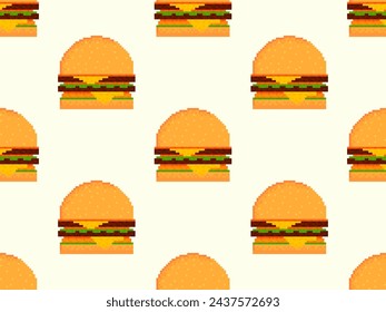 Pixel burger seamless pattern. 8-bit cheeseburger with two patties and cheese. Cheeseburger with two cutlets, cheese and sauces in pixel art style. Design fast food wallpaper. Vector illustration