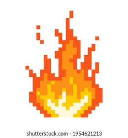 Pixel burning bonfire icon. Flaming fire with glowing yellow core red flame after powerful explosion with flying vector sparks.