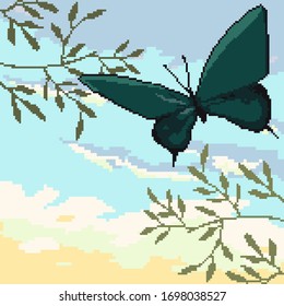 Pixel butterfly. Pixel art 8 bit vector. Pixel background.