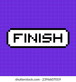 Pixel button with the inscription finish in 8-bit style isolated on a bright purple background. A pop-up dialog box with a caption in an old retro game.