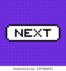 Pixel button with the inscription next in 8-bit style isolated on a bright purple background. A pop-up dialog box with a caption in an old retro game.
