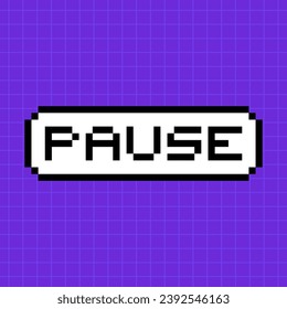 Pixel button with the inscription pause in 8-bit style isolated on a bright purple background. A pop-up dialog box with a caption in an old retro game.