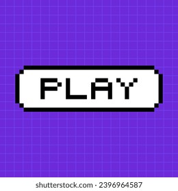 Pixel button with the inscription play in 8-bit style isolated on a bright purple background. A pop-up dialog box with a caption in an old retro game.