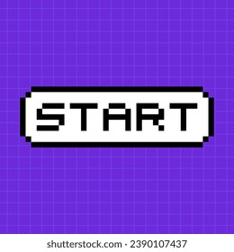 Pixel button with the inscription start in 8-bit style isolated on a bright purple background. A pop-up dialog box with a caption in an old retro game.