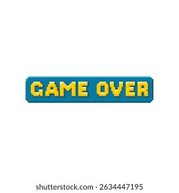 Pixel button notification "game over" with yellow letters on blue background. 8-bit arcade graphic interface design. Vector illustration in 80-90s style. Isolated background. Icon.