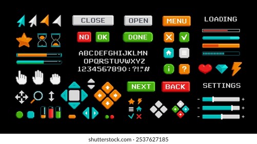 Pixel buttons and icons video game menu elements. Perfect Pixel PC interface cursors, buttons for 8-bit games, app ui interface. Retro game menu navigation icons. Vector set