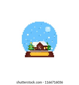Pixel cabin and christmas tree with falling snow inside crystal ball.8bit.