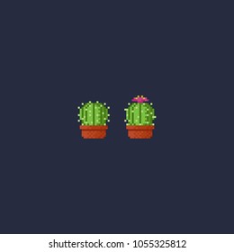 Pixel cactus in flower pot with pink flower.8 bit art vector illustration.
