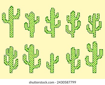 Pixel cactus icon set. Cacti in pixel art style, 8-bit graphics in the style of the 90s. Retro design for printing, wrapping paper and advertising. Vector illustration