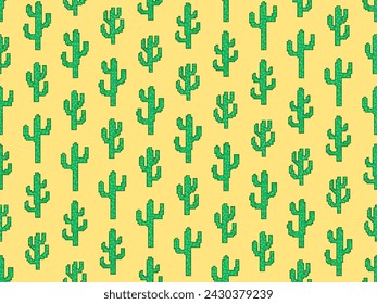 Pixel cactus seamless pattern. Cacti in pixel art style, 8-bit graphics in the style of the 90s. Retro design for printing, wrapping paper and advertising. Vector illustration