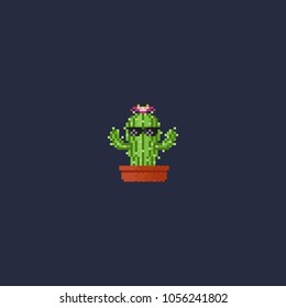 Pixel cactus wareing sunglasses.8 bit art vector illustration.