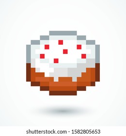 Pixel cake web icon. Cake symbol isolated on white background. Gaming concept. Vector illustration. EPS 10