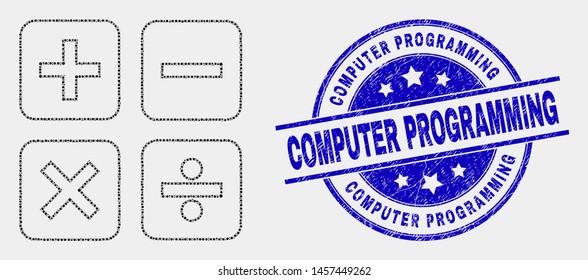Pixel calculator mosaic pictogram and Computer Programming seal stamp. Blue vector round scratched seal stamp with Computer Programming text. Vector collage in flat style.