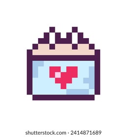 Pixel calendar with heart, valentines day , 8 bit, retro, y2k pixel icon on a completely white 