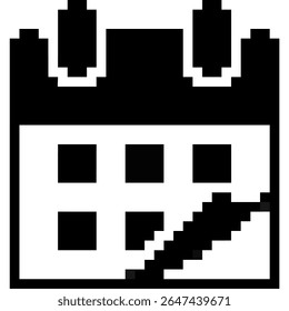 Pixel calendar icon vector, designed with a retro, 8-bit aesthetic. Perfect for digital scheduling, event planning, vintage interfaces, or any design needing a nostalgic pixelated date tracker.