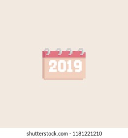 Pixel calender with year 2019 text on front page.8bit icon.