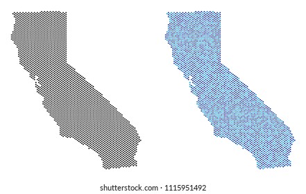 Pixel California map variants. Vector territory schemes in black color and blue color tinges. Abstract collage of California map done with sphere element array.