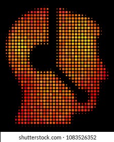 Pixel call center operator icon. Bright pictogram in orange color tinges on a black background. Vector halftone composition of call center operator icon constructed from circle points.