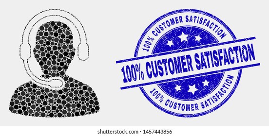 Pixel call center operator mosaic icon and 100% Customer Satisfaction seal stamp. Blue vector rounded grunge seal stamp with 100% Customer Satisfaction text. Vector combination in flat style.