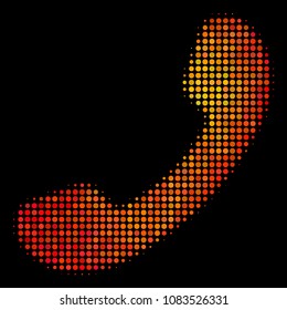 Pixel call icon. Bright pictogram in fire color variations on a black background. Vector halftone mosaic of call icon formed with circle points.
