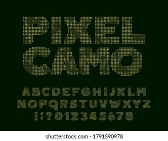 Pixel Camo alphabet font. Computer letters and numbers. 80s arcade video game typescript.