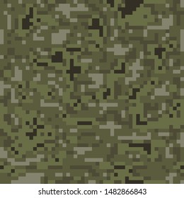 Pixel camo background. Seamless camouflage pattern. Military texture. Green, brown. forest color. Vector fabric textile print designs.